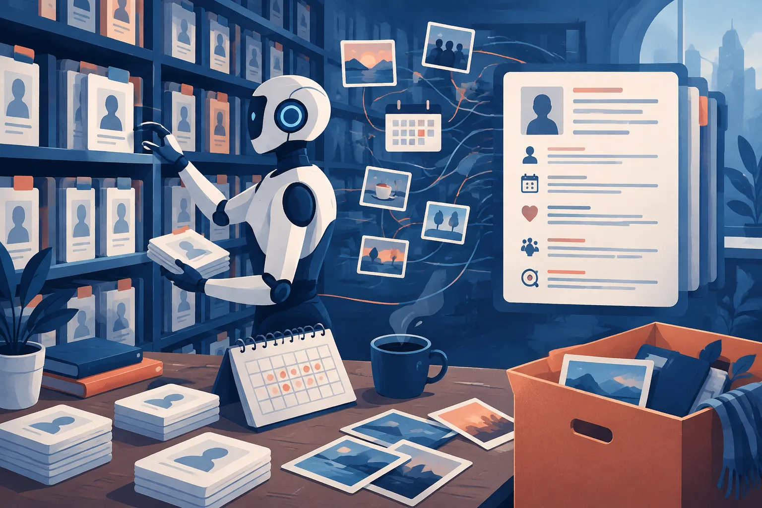 A mechanical librarian organizes anonymous relationship cards and shared memories.