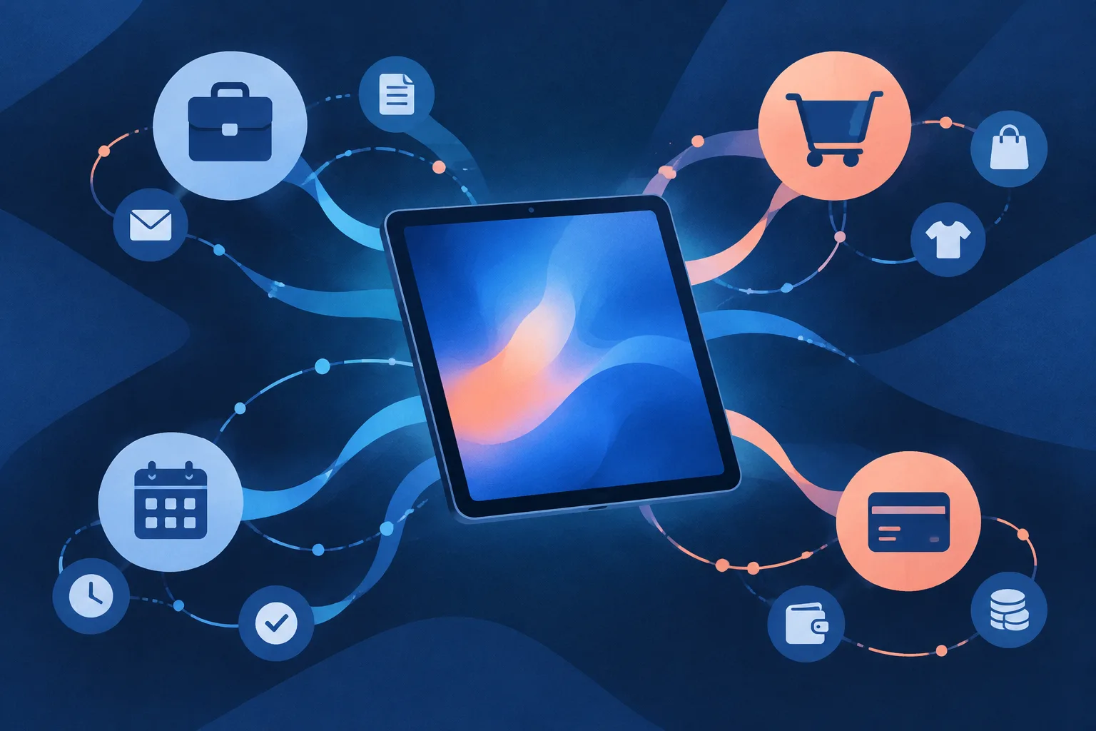 A tablet connects to abstract work, shopping, calendar, and payment services.