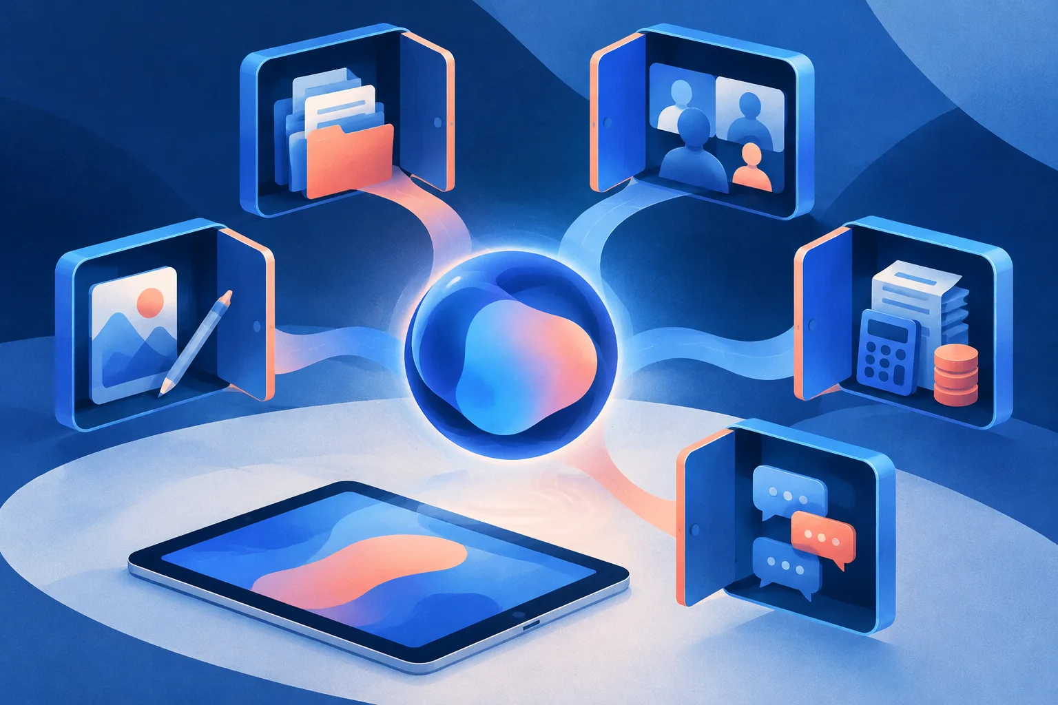 Independent account gateways connect business tools to an abstract assistant core.