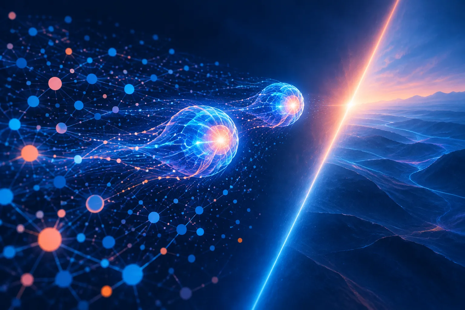 Two luminous AI cores move through a digital constellation toward a bright frontier line.