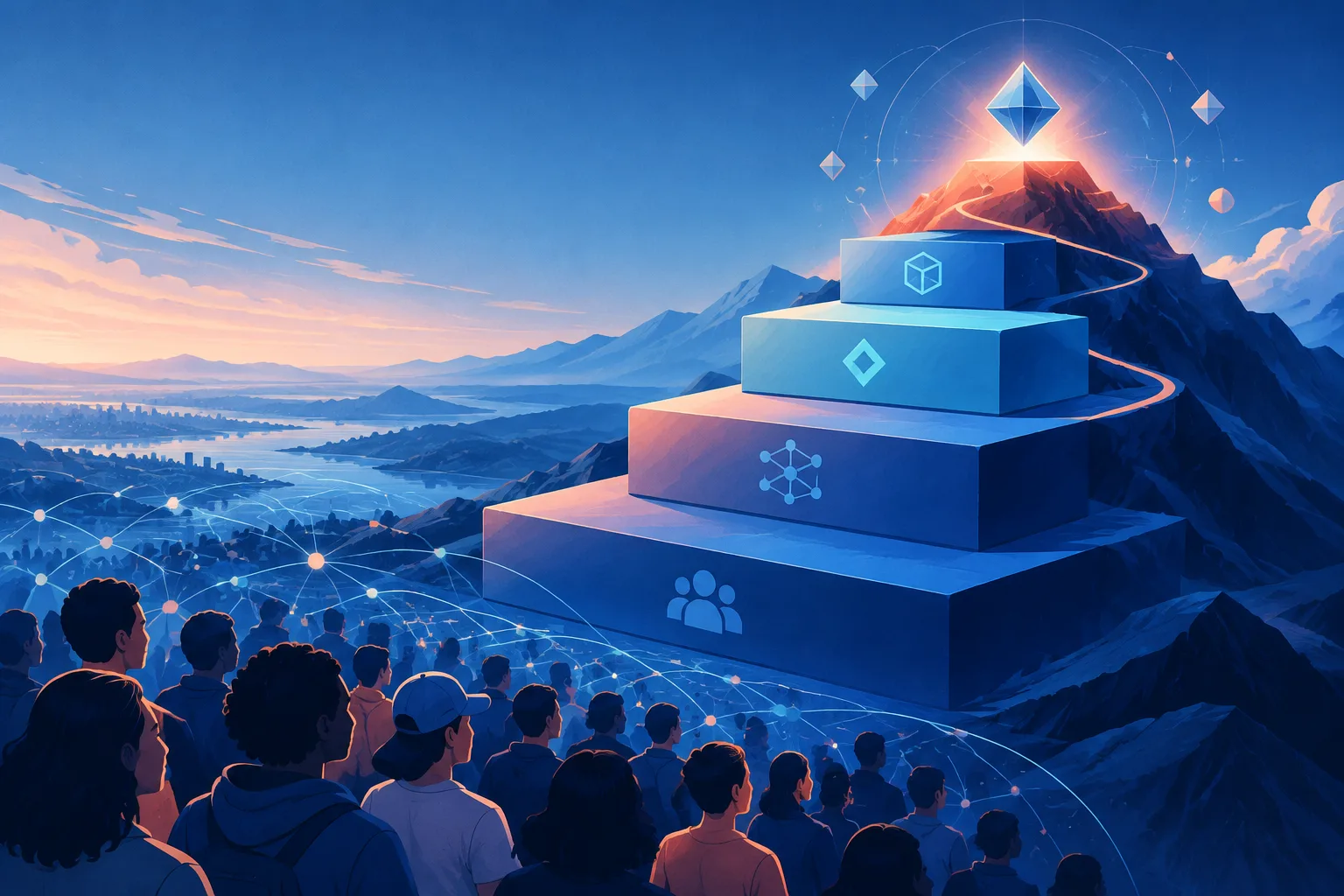 Layered AI model blocks rise from a broad network toward a high-performance summit.