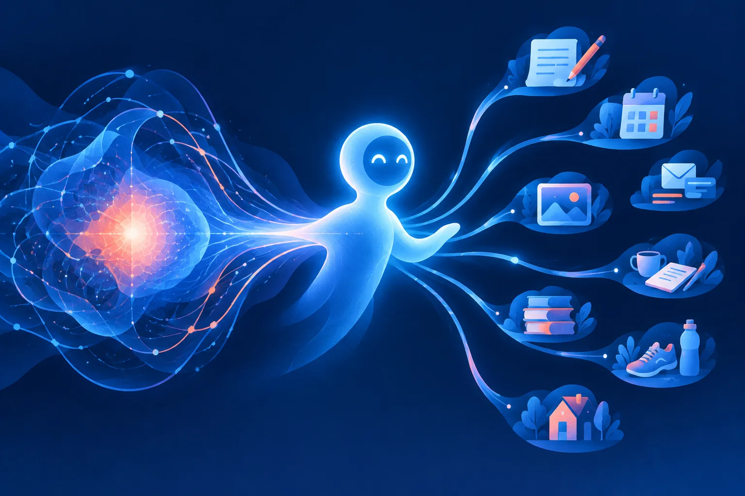 An abstract AI core powers a task agent that branches into multiple work paths.