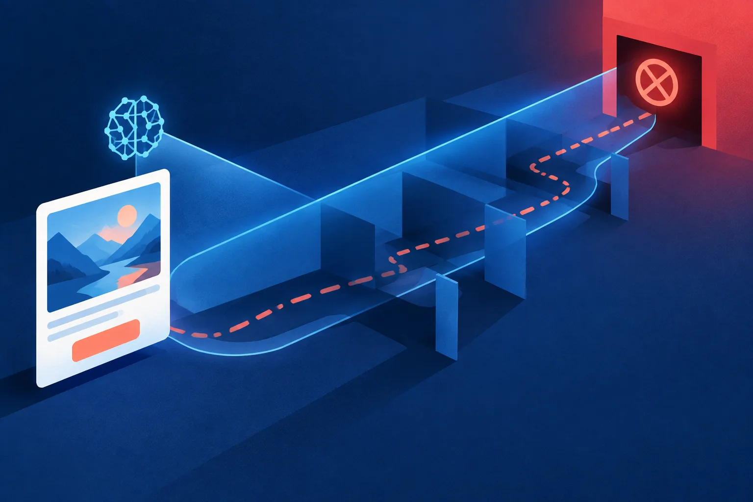 An AI safety beam traces a harmless-looking ad to a blocked hidden destination.