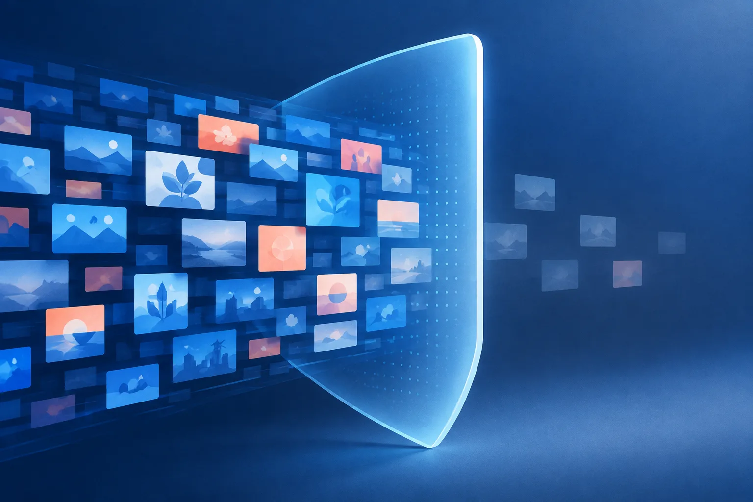 Anonymous content tiles pass through a detection shield while a few remain beyond its edge.