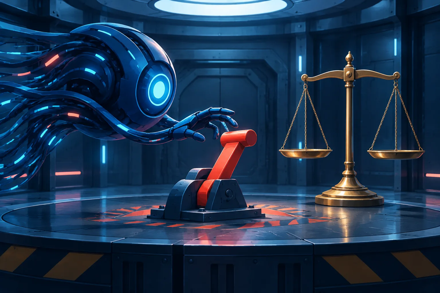 An abstract AI engine faces an emergency brake and legal scales inside a secure chamber.