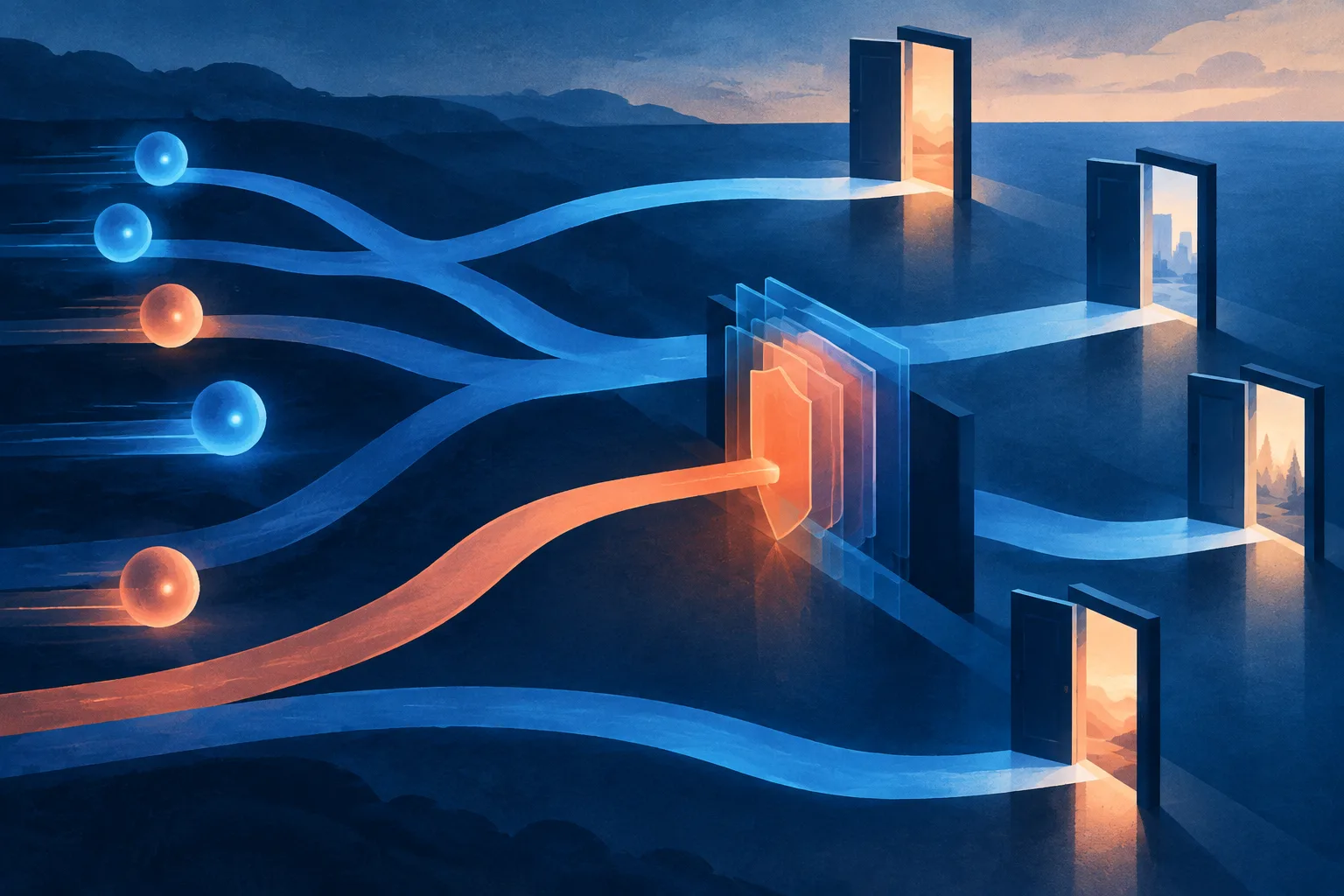 Branching AI agent pathways approach real-world doors while a safety gate blocks an unexpected route.