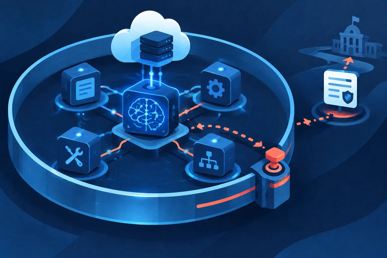 Connected AI modules and infrastructure sit inside a shared containment ring with a cutoff control.