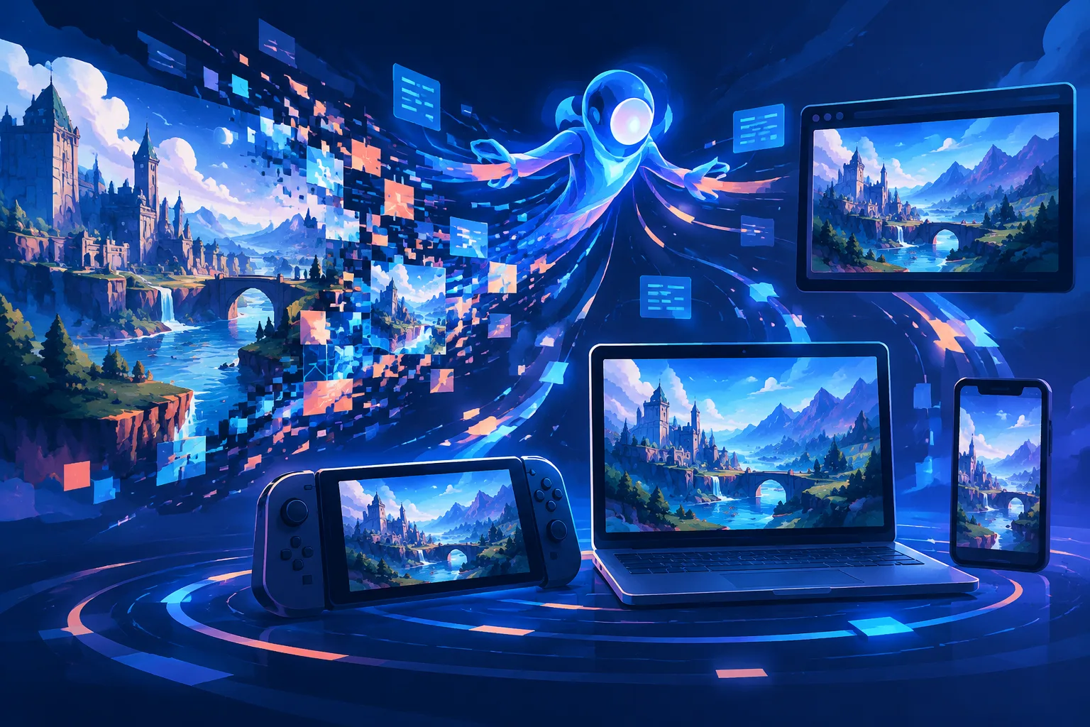 A generic game world rebuilds across several devices with help from an abstract AI agent.