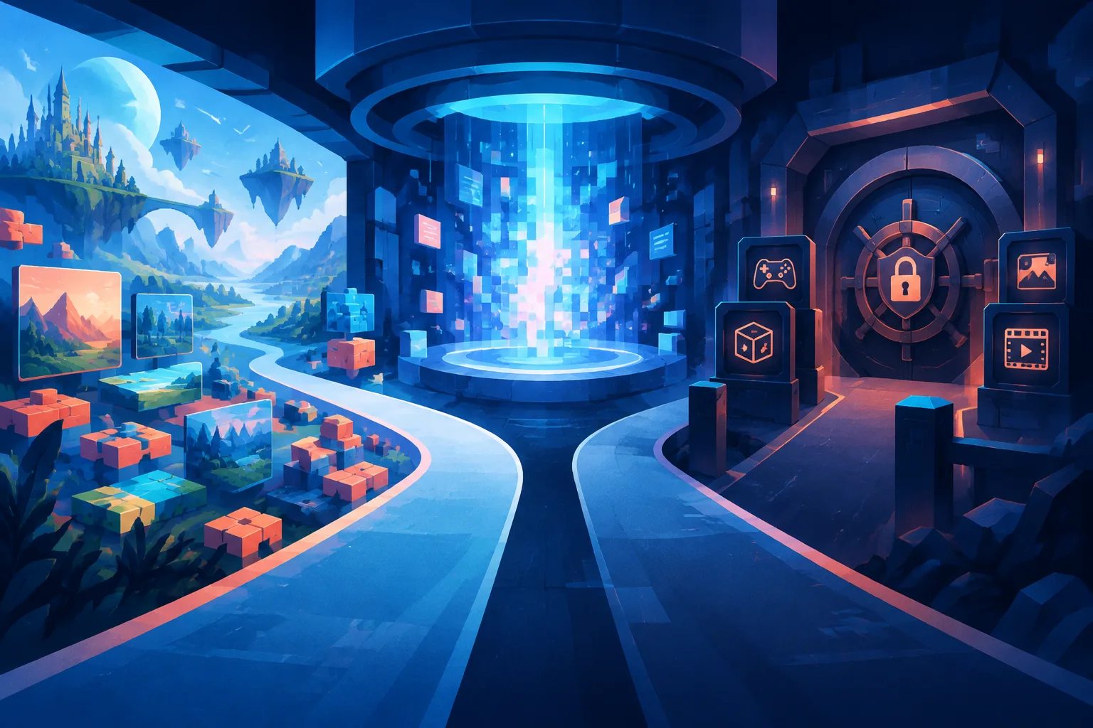 Creative game remixes and a guarded intellectual-property vault diverge from one code workshop.