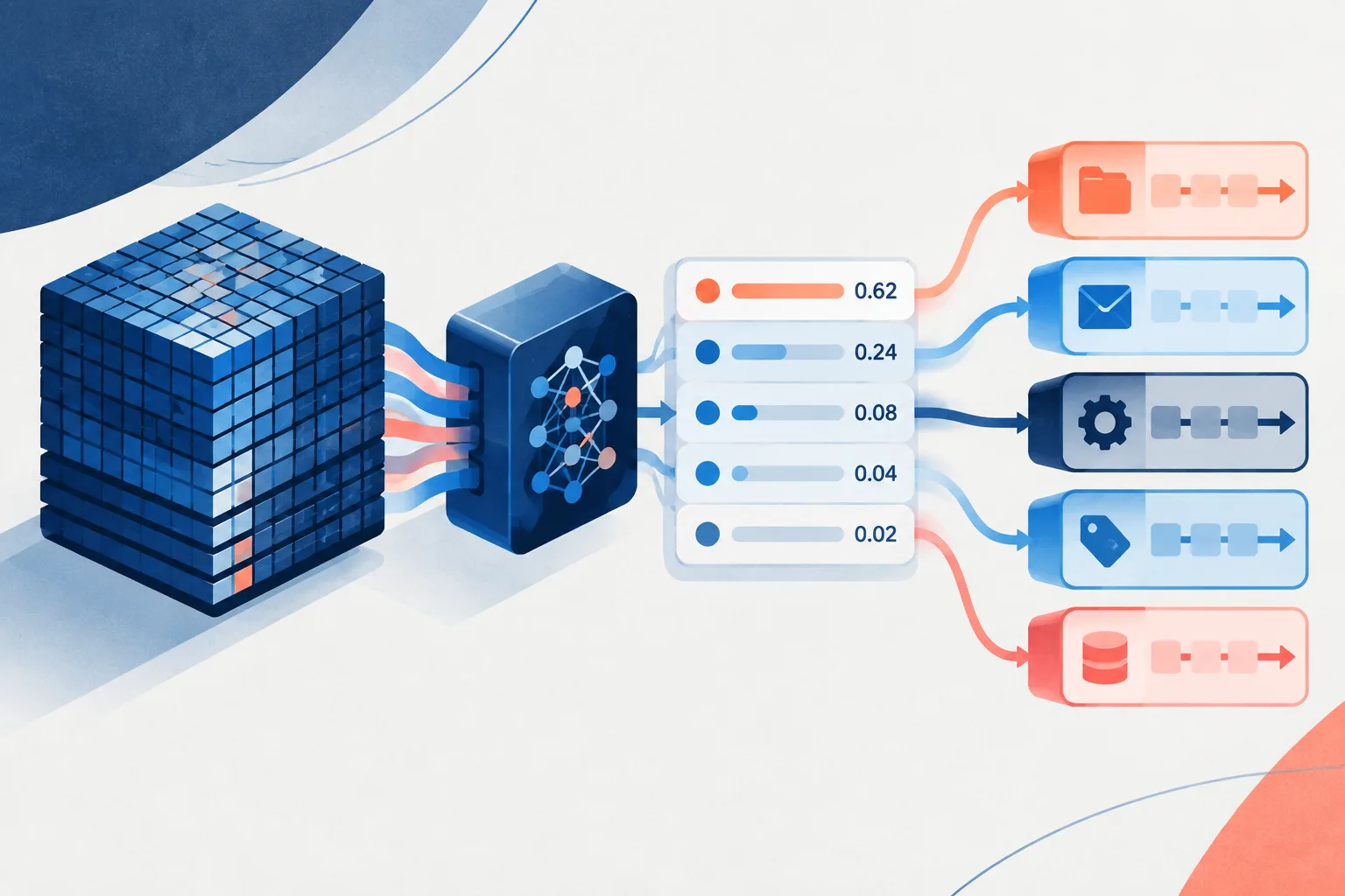 An AI foundation block feeds a decision layer that routes ranked probability tokens.