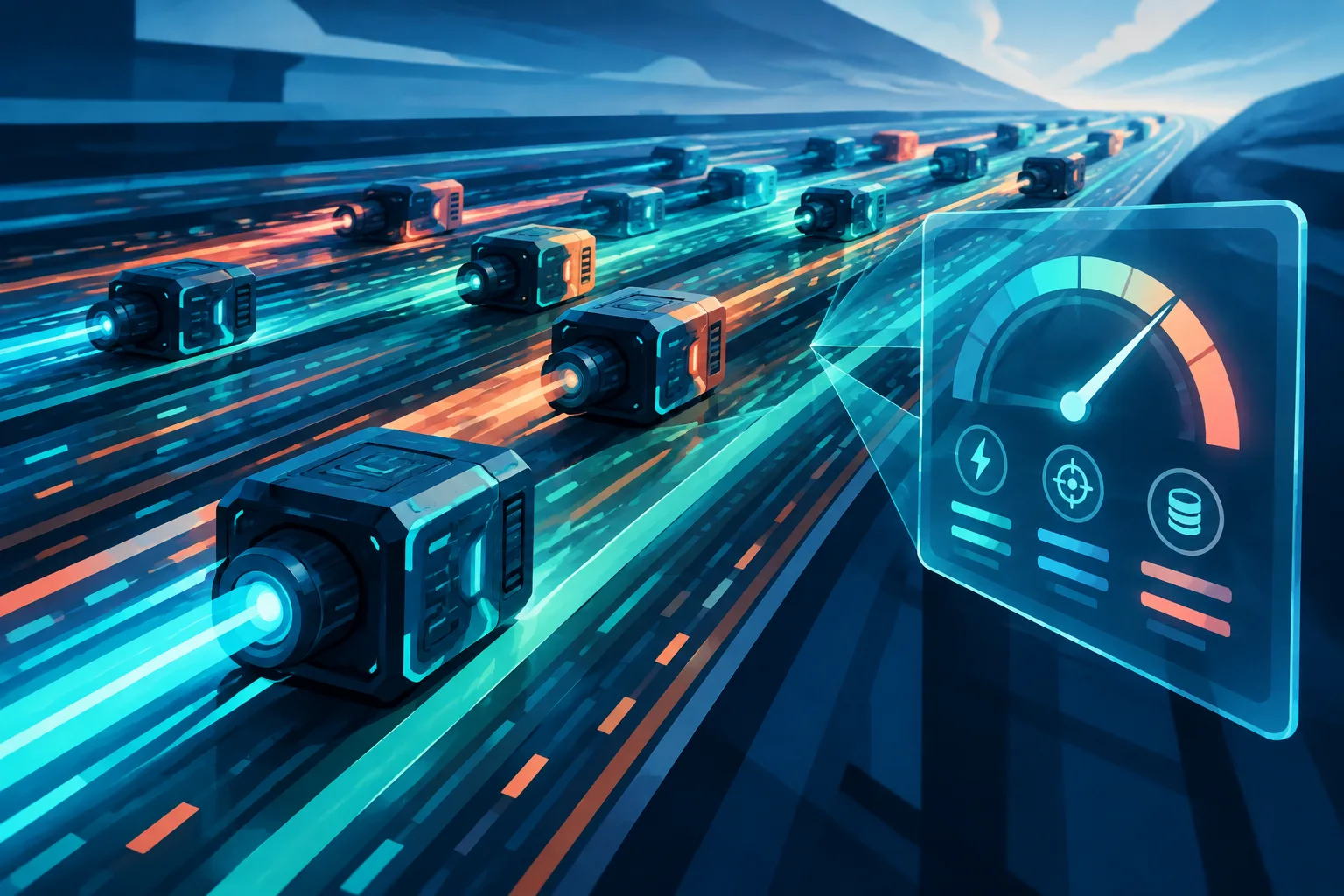 Multiple decision engines race along data tracks beneath a calibration gauge.