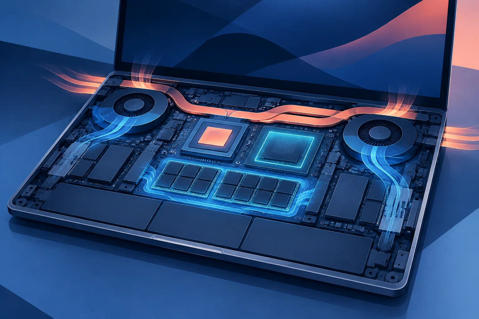 An abstract laptop cutaway links processing, memory, graphics, and cooling components.