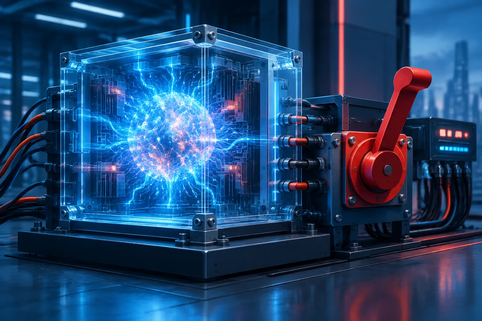 Abstract AI core surrounded by external controls and a prominent emergency stop lever.