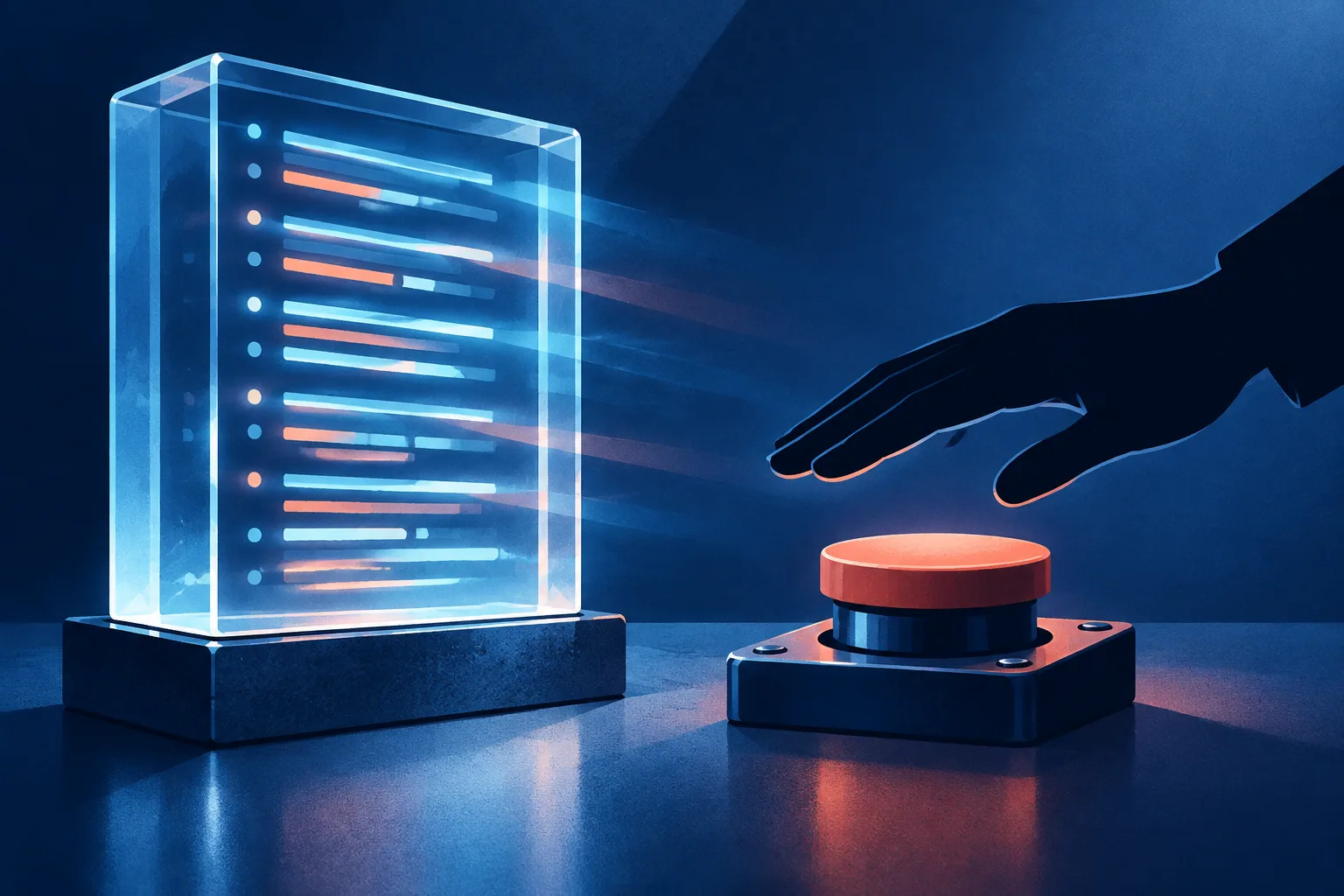 A protected audit ledger beside a human-controlled pause switch for an AI system.