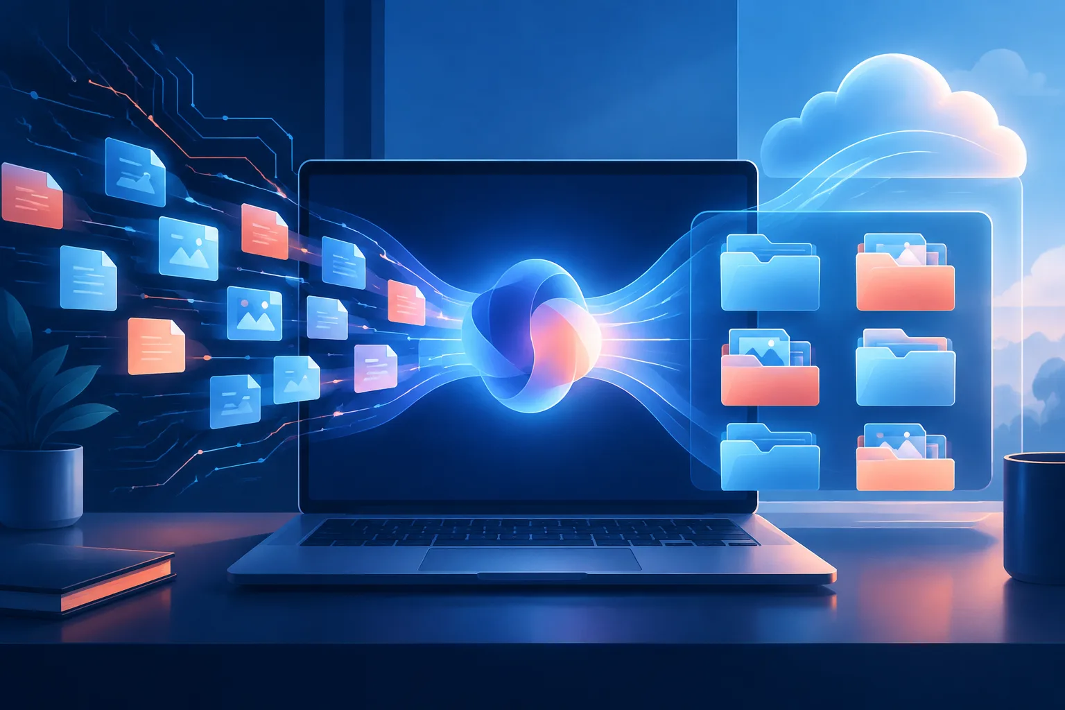 Abstract laptop organizing glowing file tiles through local and cloud AI pathways.