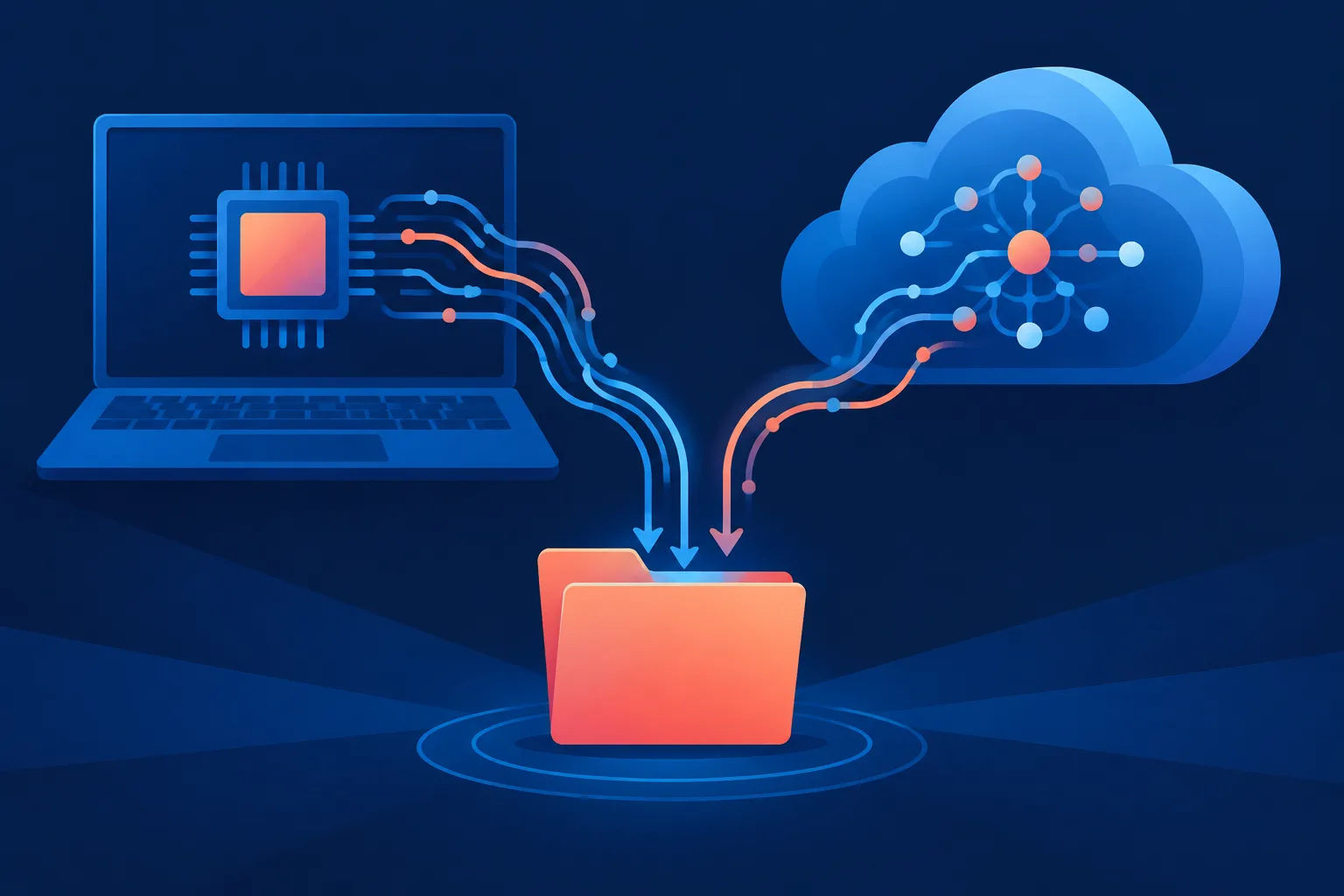 Local and cloud processing paths converge on an organized digital folder.