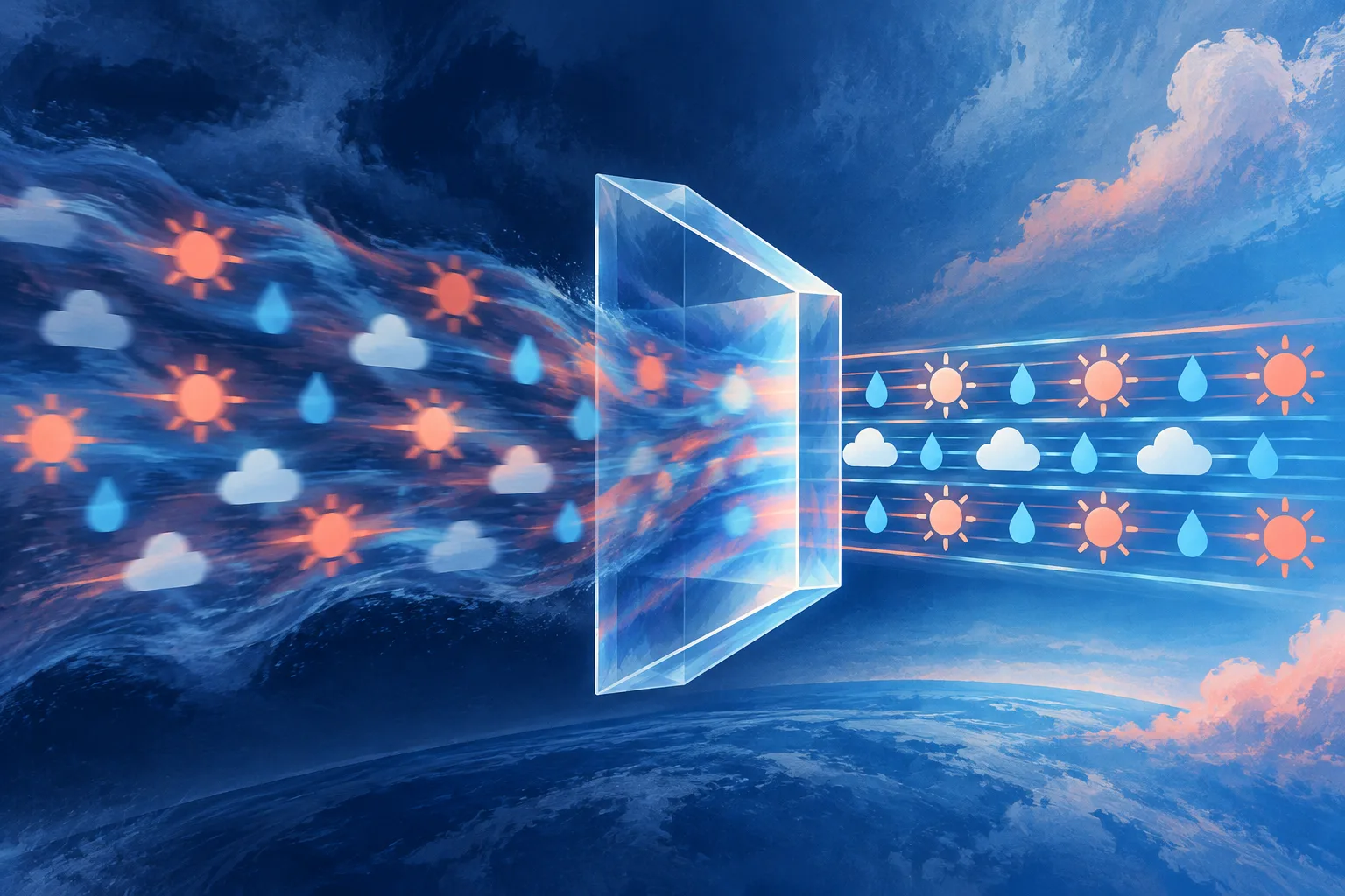 Distorted weather symbols pass through a correction prism and emerge aligned.