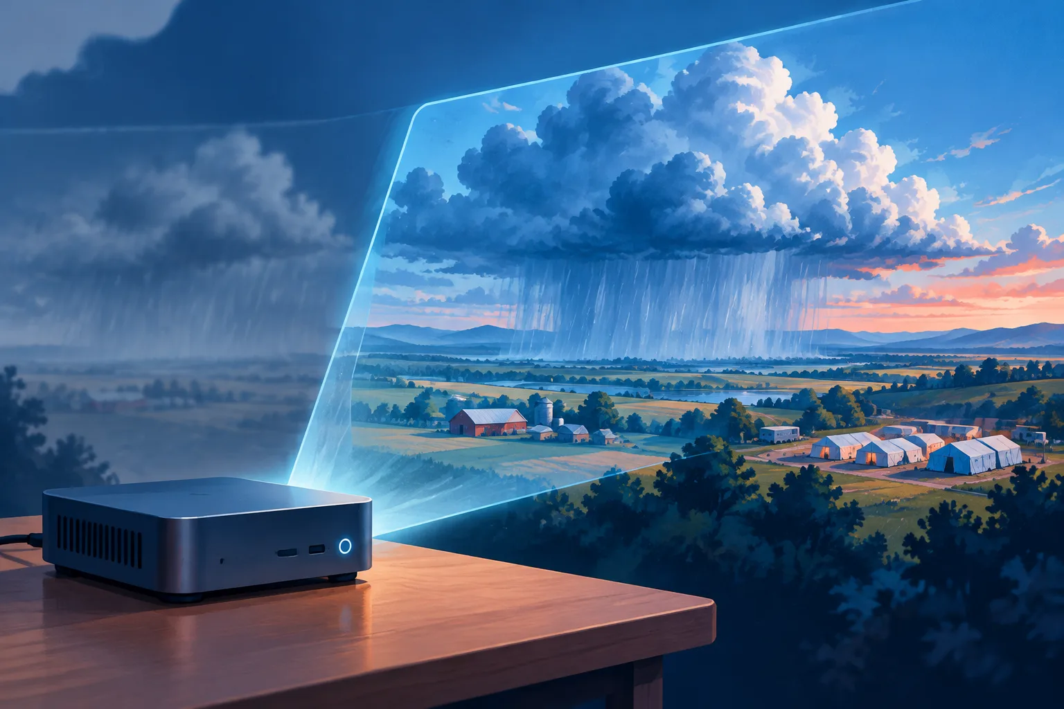 A small processor projects clearer rain patterns over farms and emergency shelters.