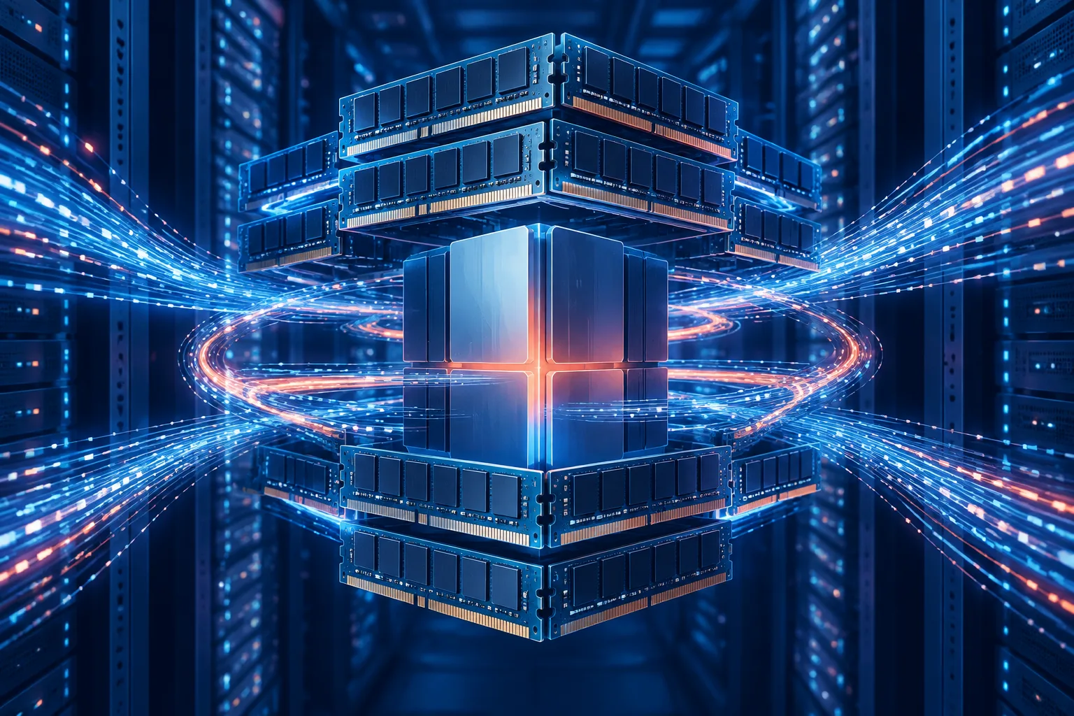 Abstract high-bandwidth memory modules surround an AI accelerator inside a datacenter rack.