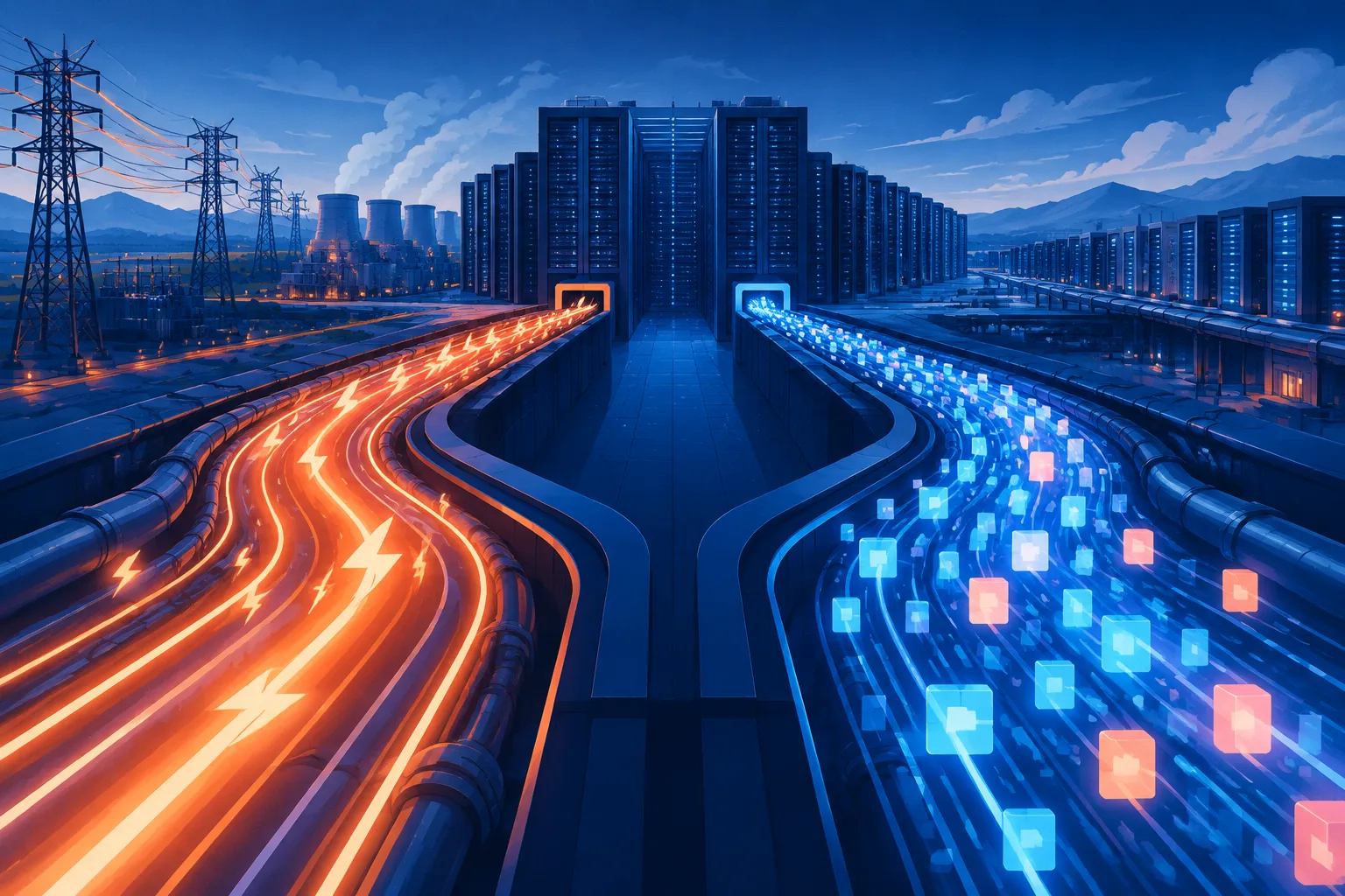 A datacenter power grid transforms electricity into dense streams of abstract AI tokens.