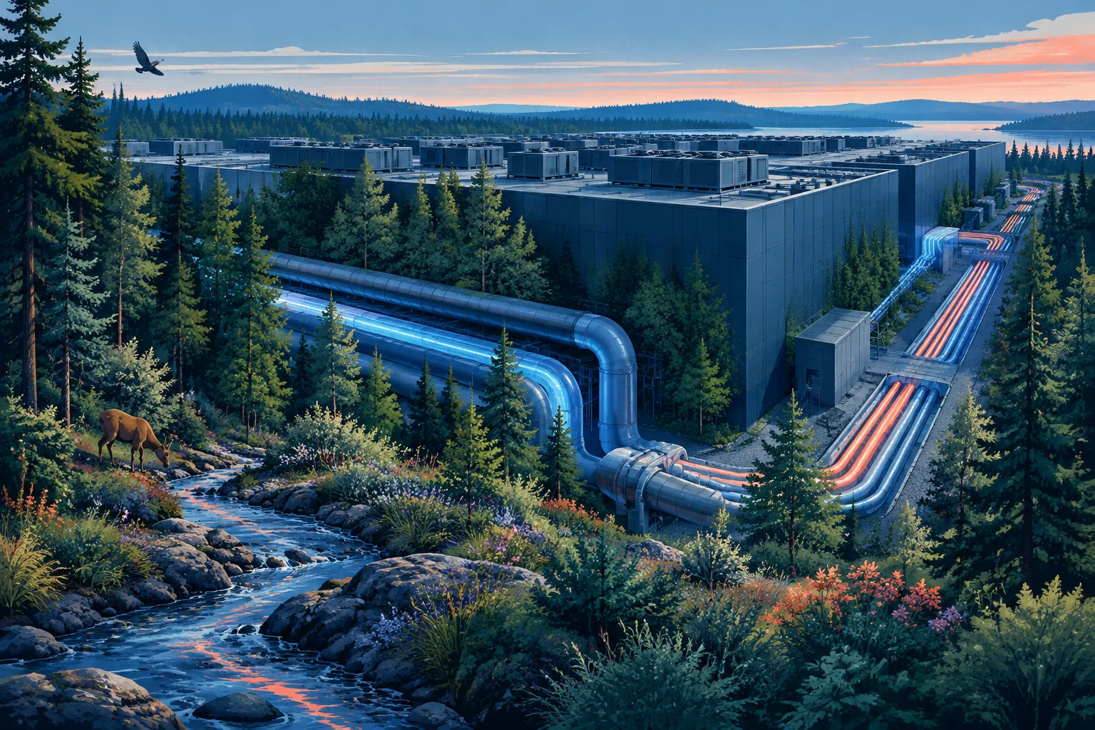 Large data center blending into woodland while energy and cooling systems remain visible.