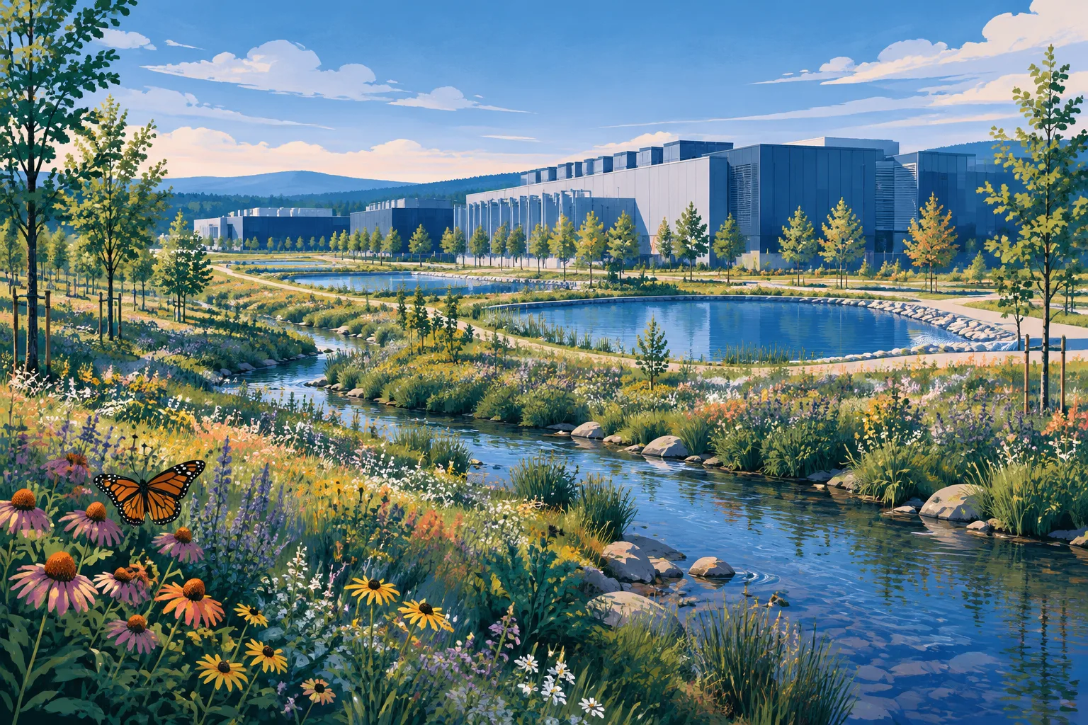 Restored creek and native habitat surrounding an abstract data center campus.