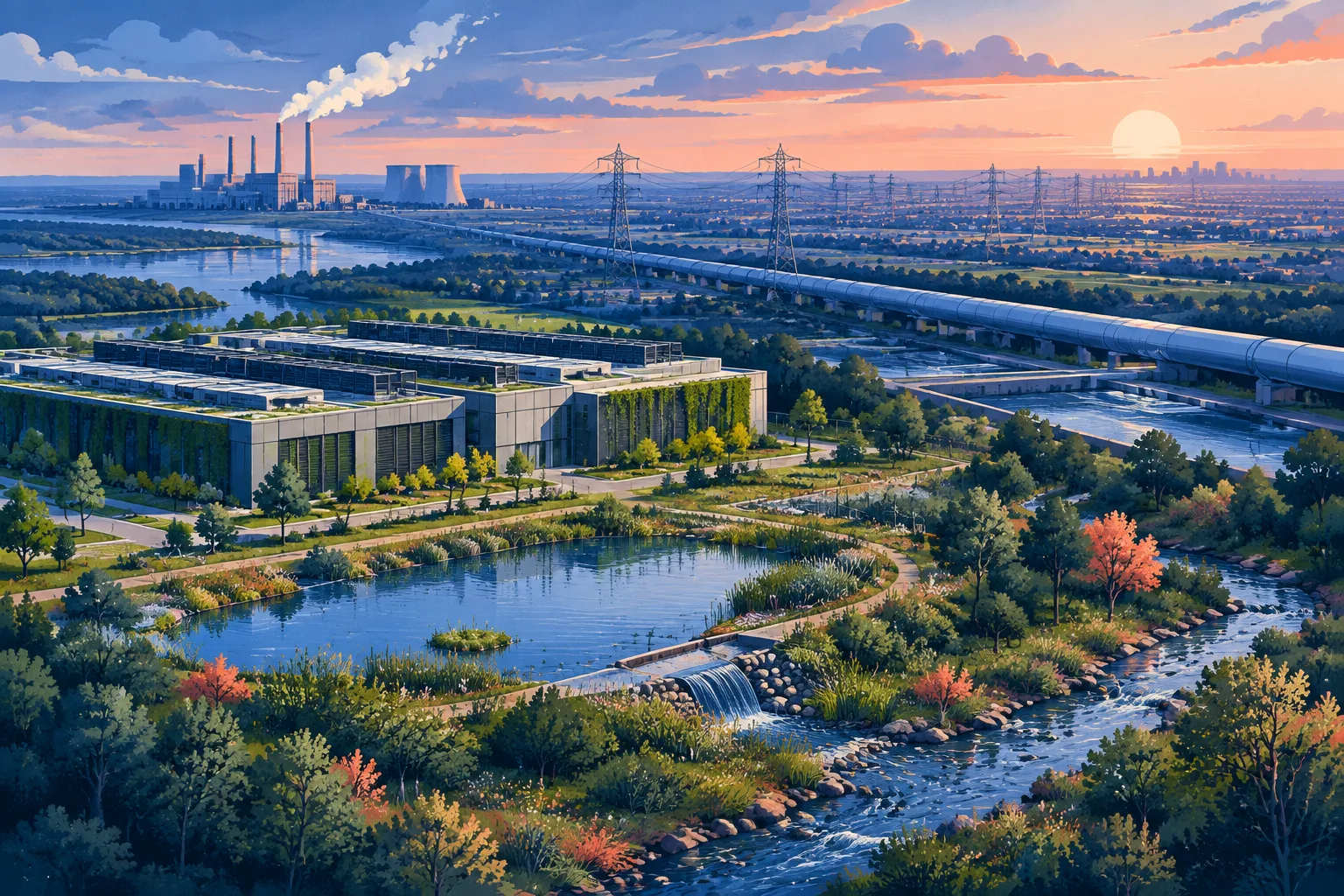 Green data center foreground contrasted with distant power and water infrastructure.