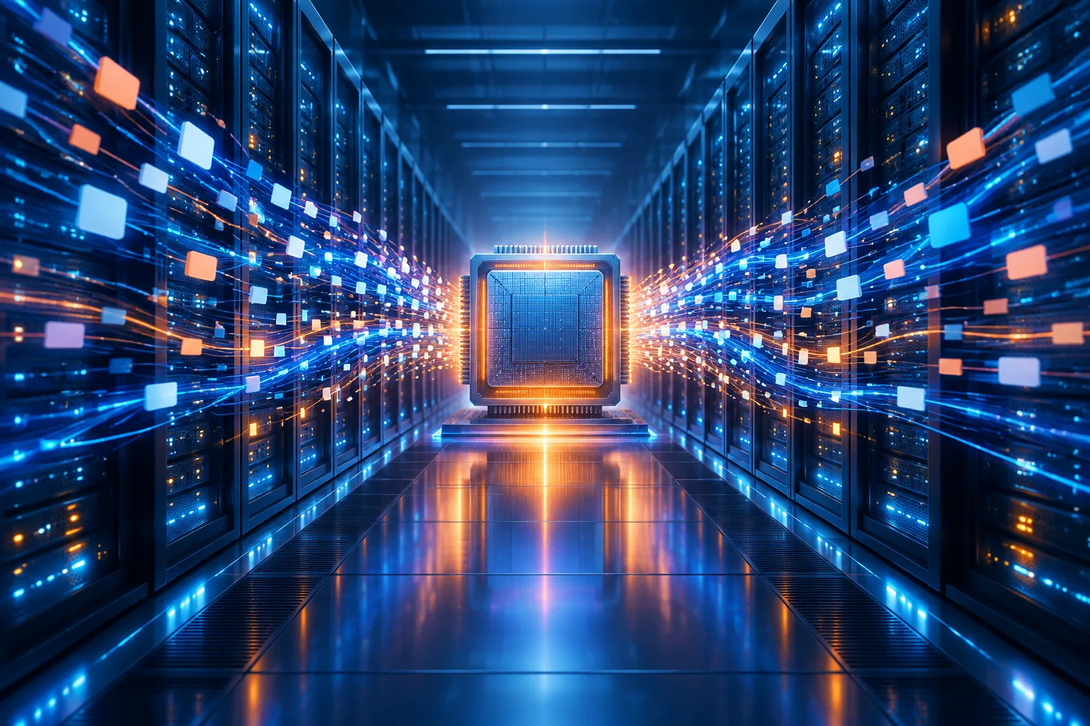 A glowing custom AI processor anchors a data-center aisle as abstract token streams flow through surrounding server racks.