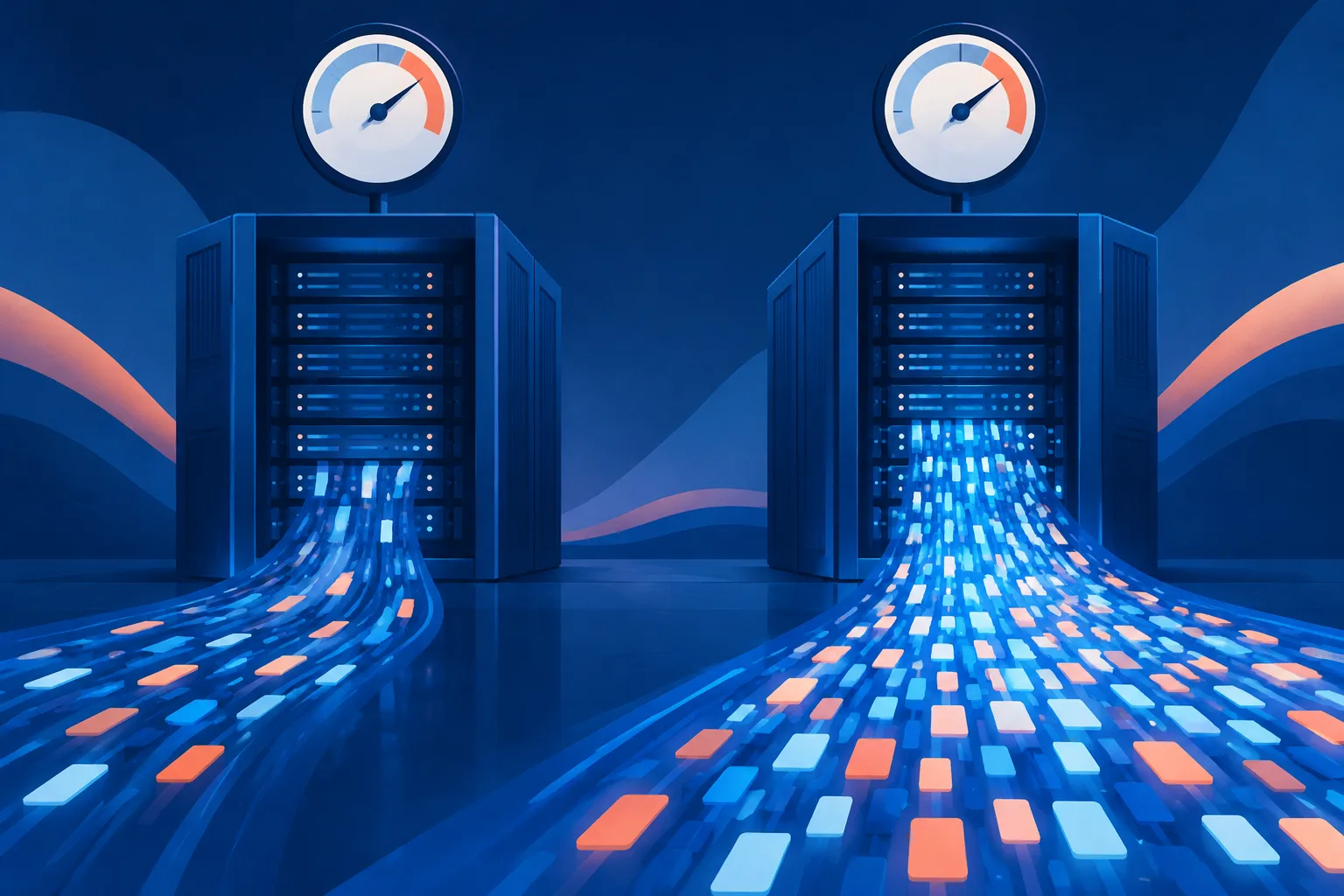 Two abstract server racks use equal power while one produces a denser stream of glowing AI tokens.