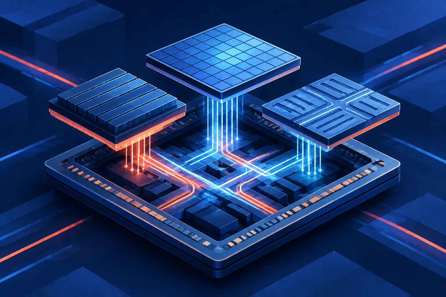 Distinct processor chiplets for compute, memory and data movement connect through luminous pathways.