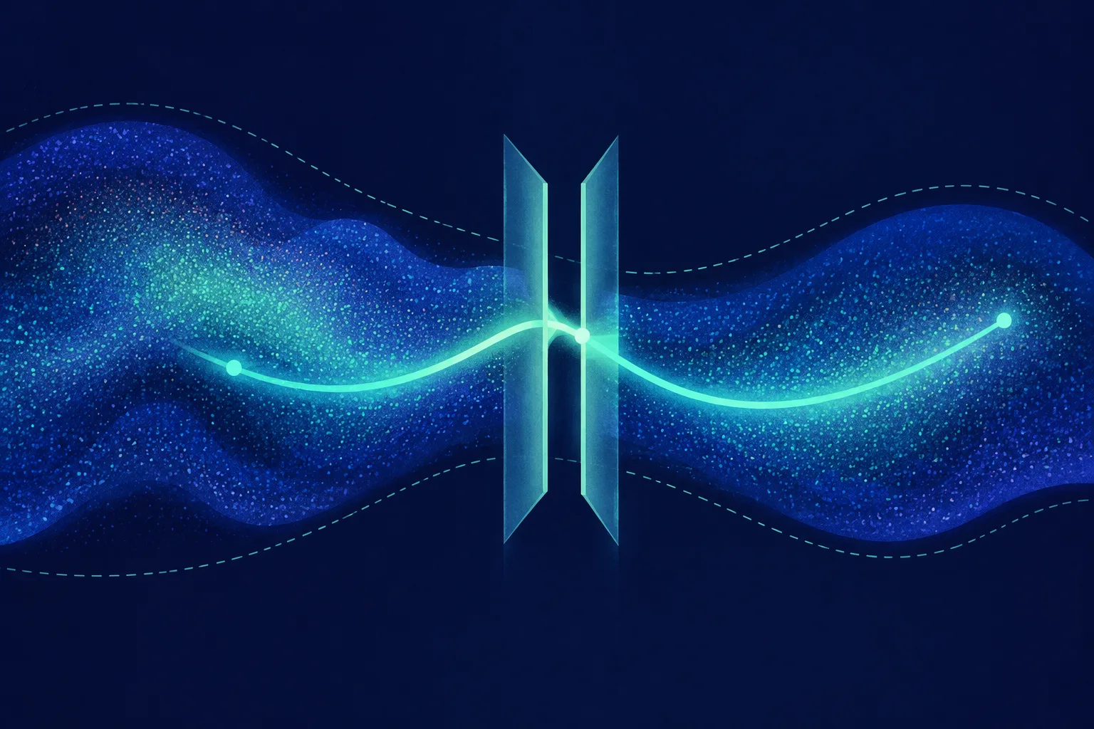 A glowing generative path receives a small correction before passing through a constraint gate.
