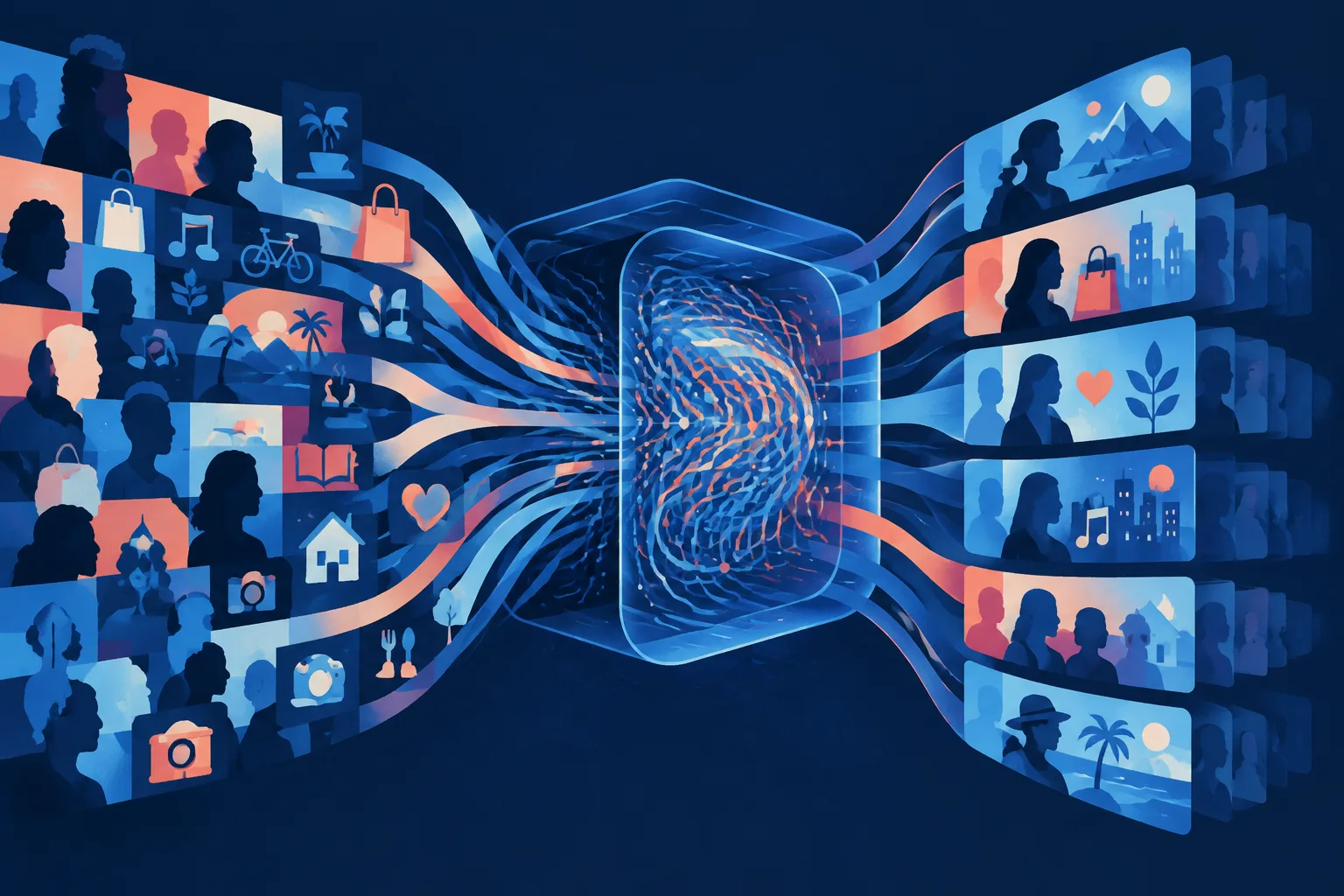 Anonymous silhouettes and changing cultural signals flow through a dynamic engine that branches into predicted decisions.