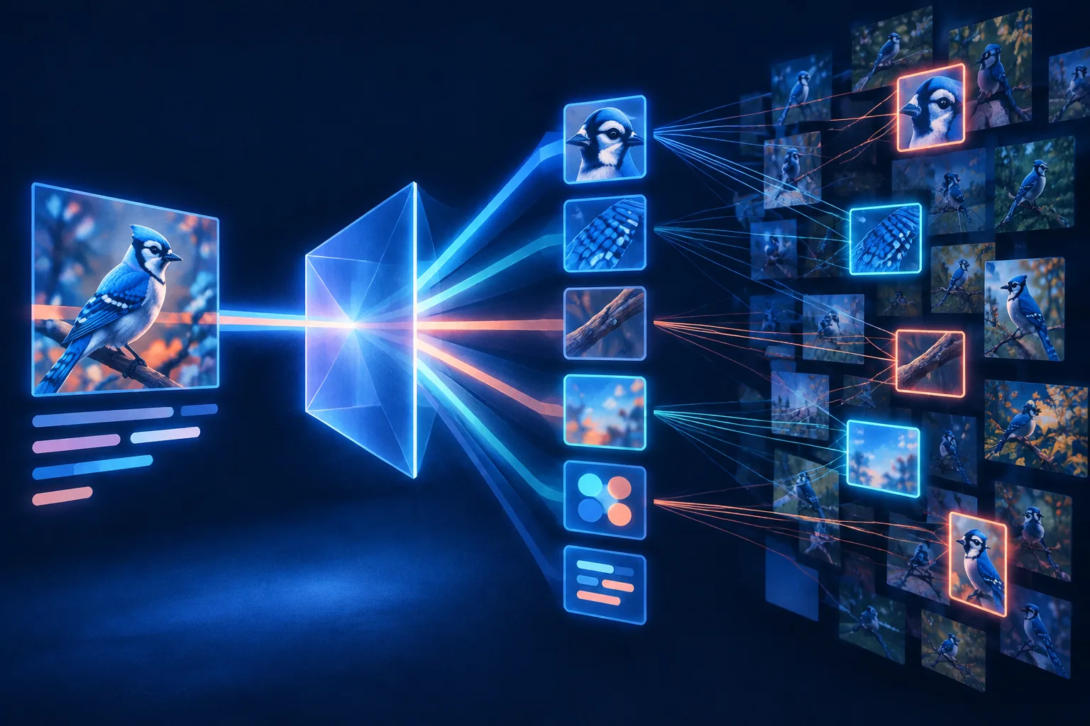 An abstract AI prediction is traced through concepts to phrases and image regions.