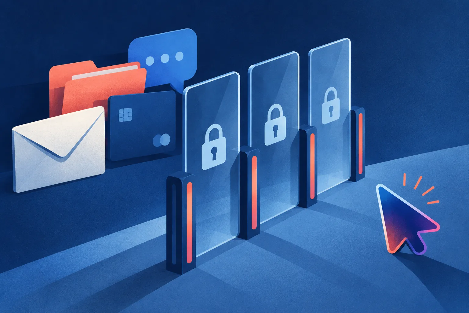 Sensitive digital records sit behind permission gates as an AI agent waits outside.