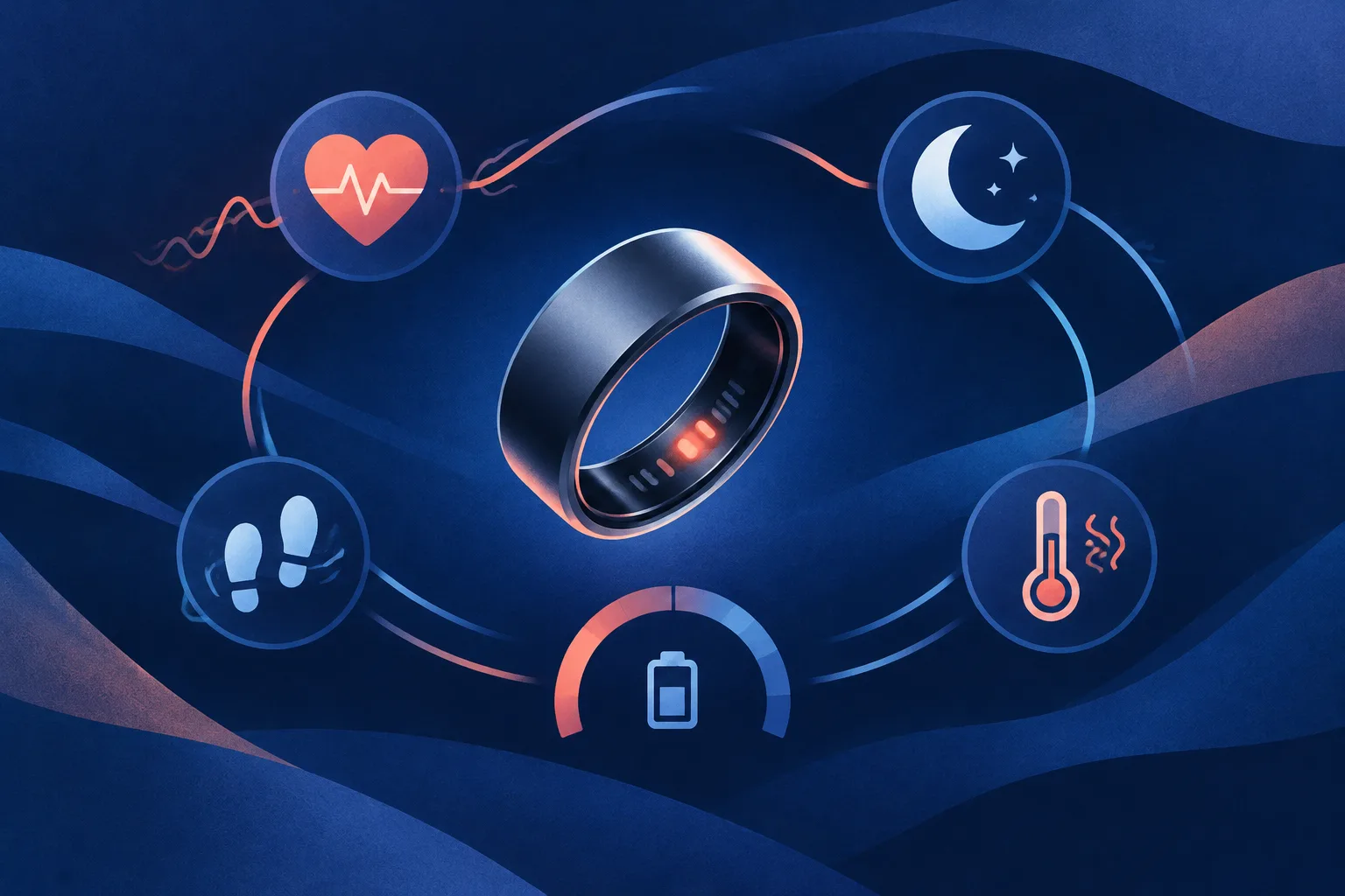 Health, sleep, movement and battery symbols surround an unbranded ring.