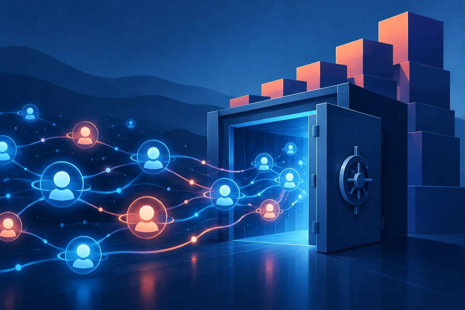 An open agent network enters a secure enterprise vault beside rising investment blocks.