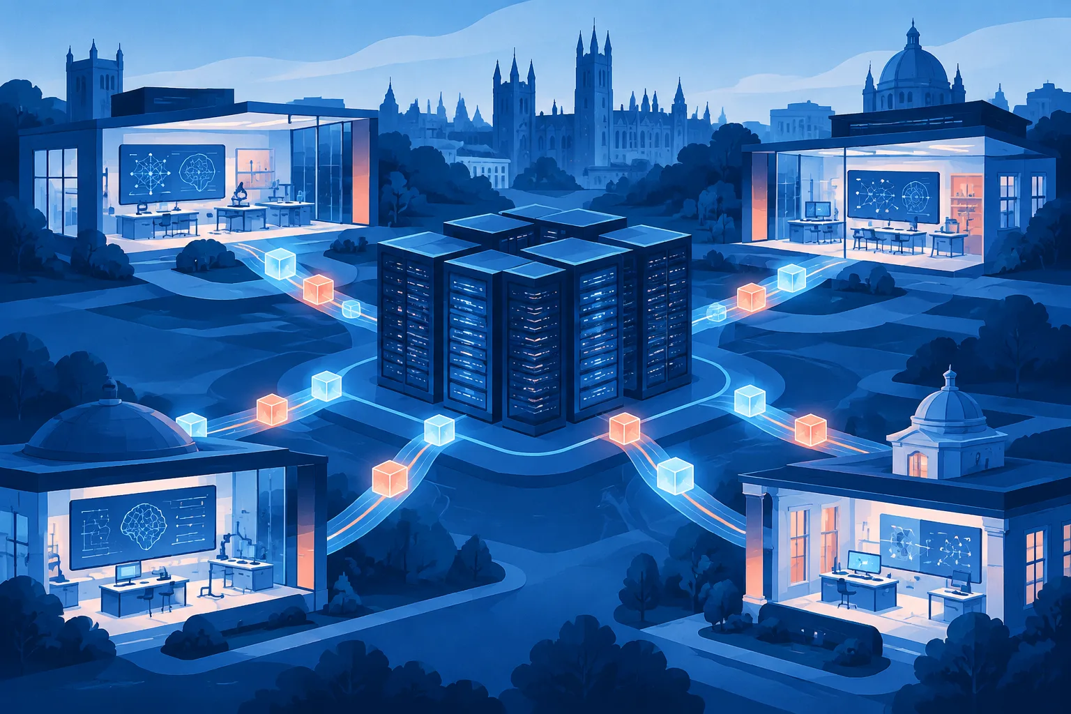 Computing infrastructure distributes research capacity across abstract university laboratories.