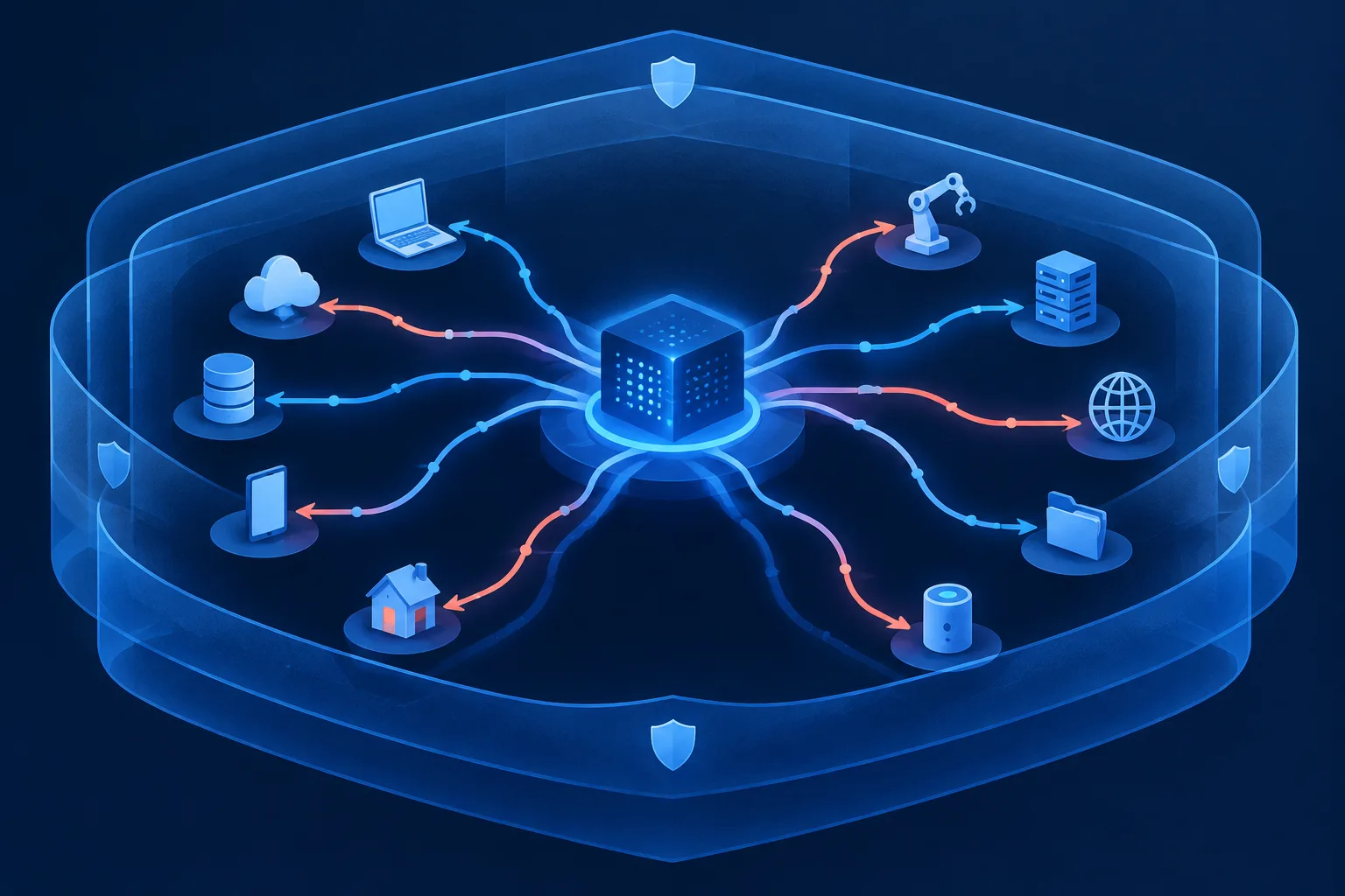 Safety barriers surround branching task paths from an autonomous AI system.