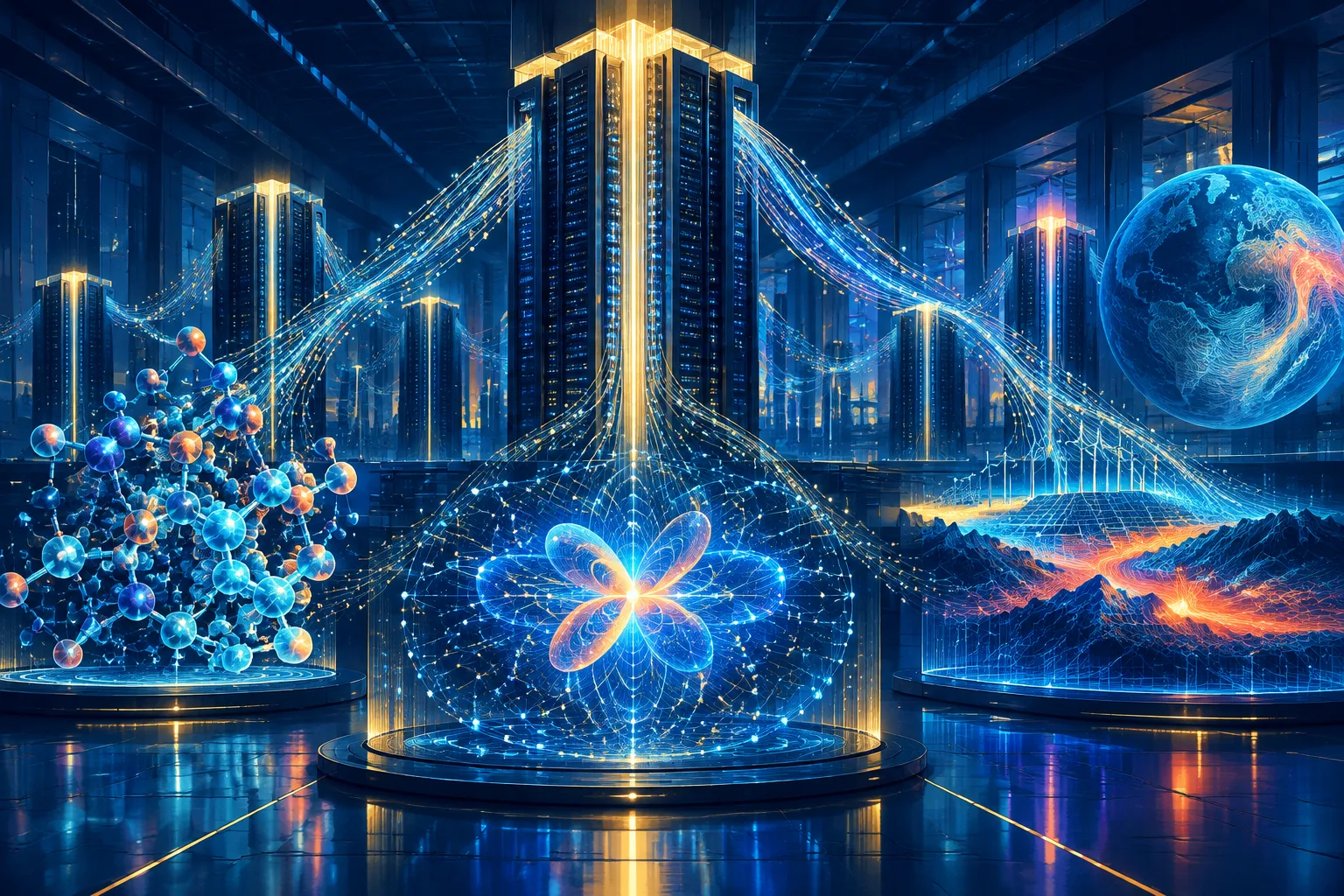 Luminous computing towers power abstract research in medicine, quantum science, and energy.