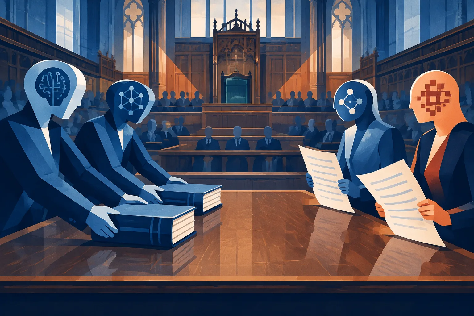 Four abstract AI institutions split over firm rules and voluntary standards before parliament.