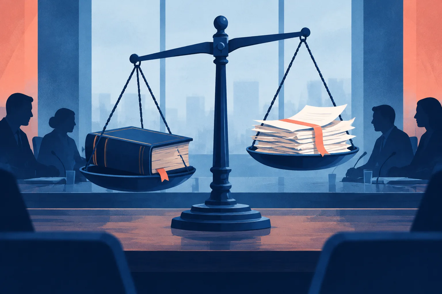 A legal code and voluntary pledges balance on scales in an abstract committee room.