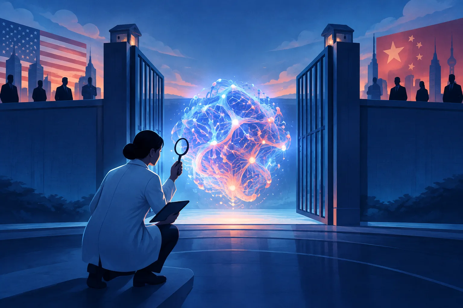 A safety institute examines an AI model through a gate controlled by outside organizations.