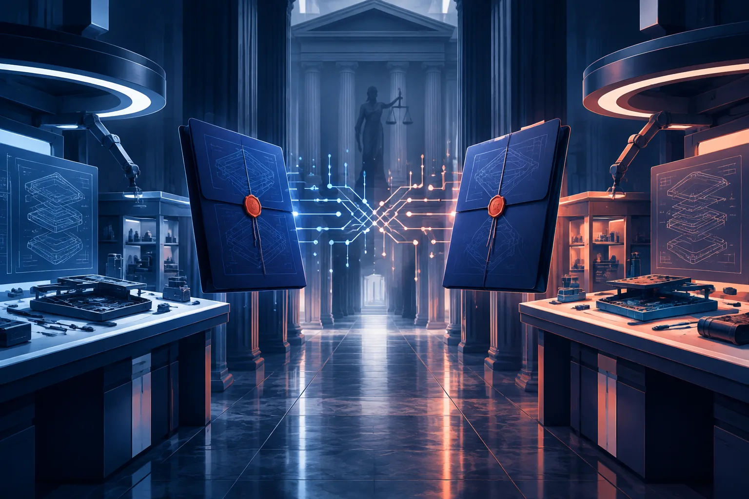 Two rival AI hardware workshops face each other across a courthouse corridor with sealed plans between them.