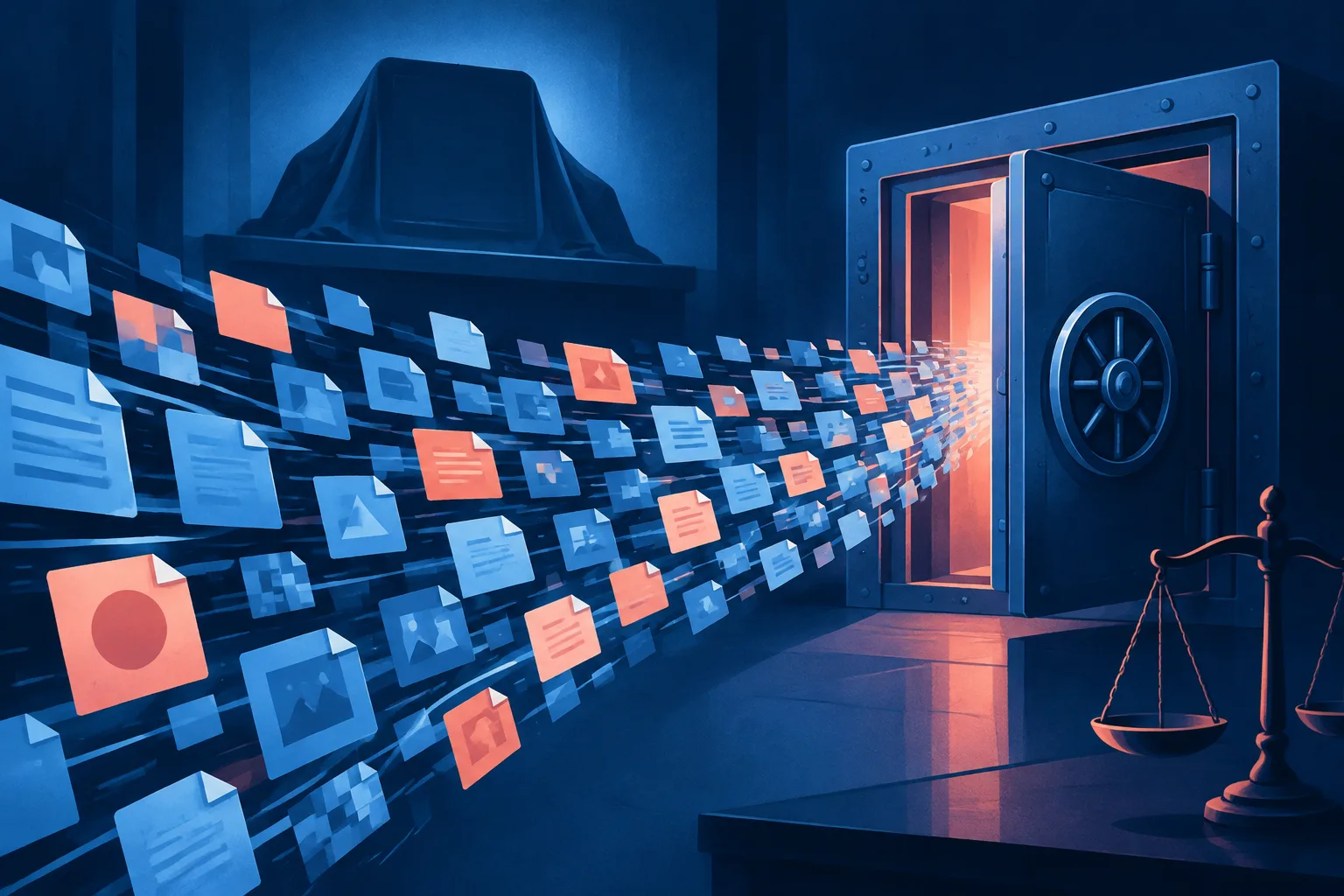 Abstract digital files move toward a locked vault beside an obscured prototype silhouette.