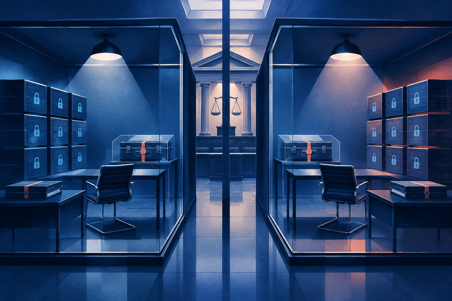 Mirrored discovery rooms contain encrypted storage blocks, deposition chairs and sealed evidence cases.