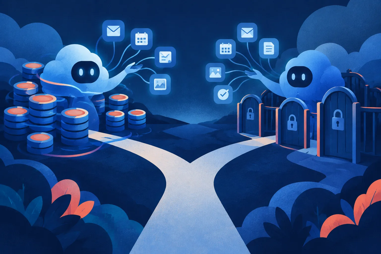 Two abstract AI agents diverge between subscription costs, permissions, and connected tasks.