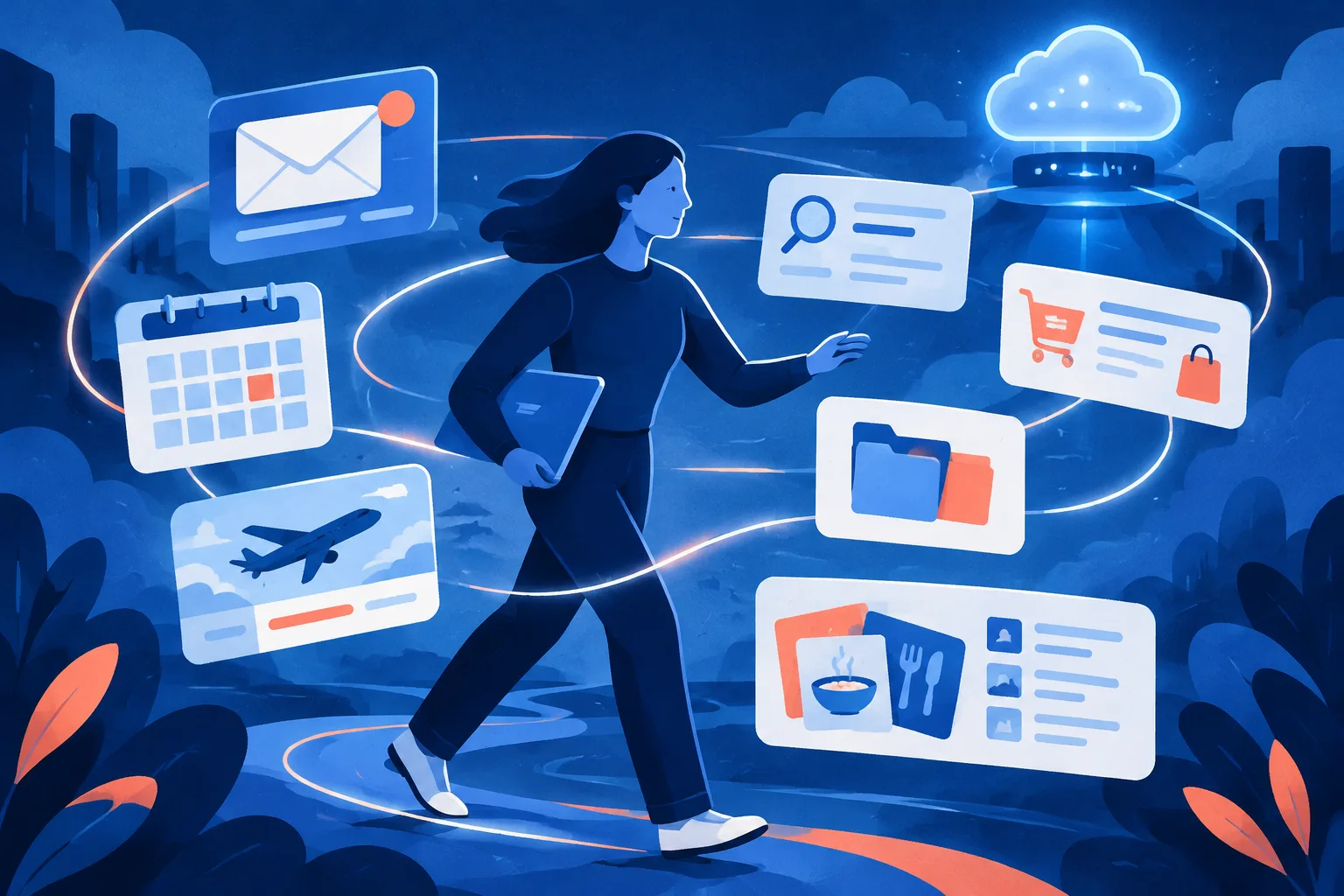 A cloud-based AI worker continues handling email, calendar, travel, research, and file tasks.