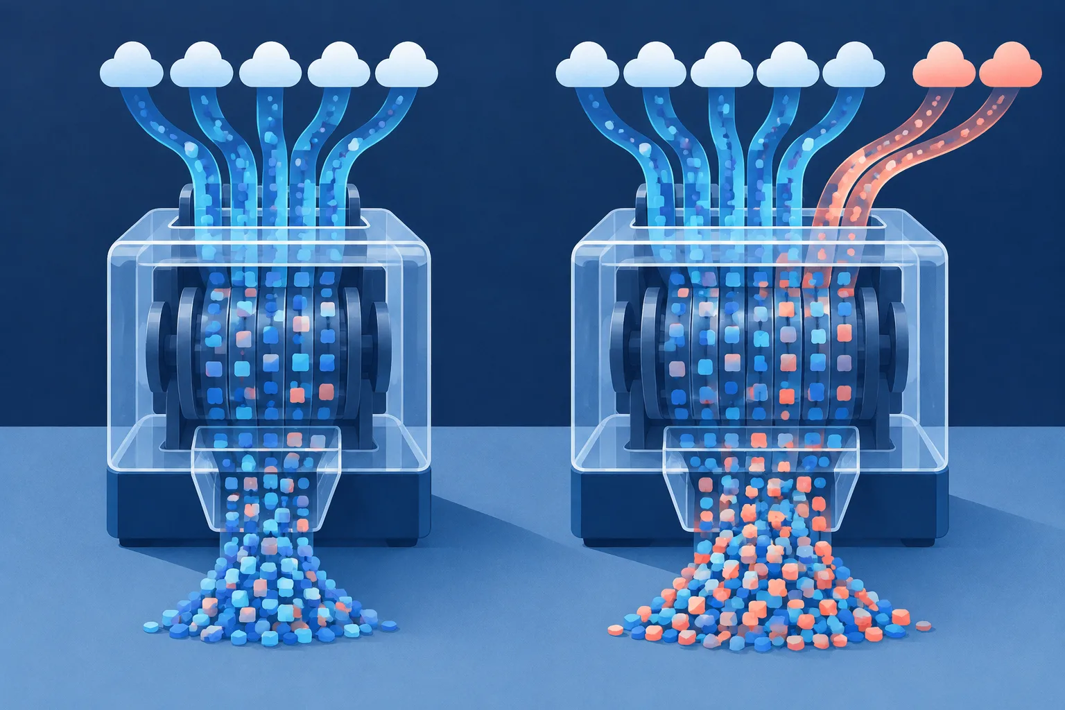 Cloud transactions flow into two machines that count partner sales differently.