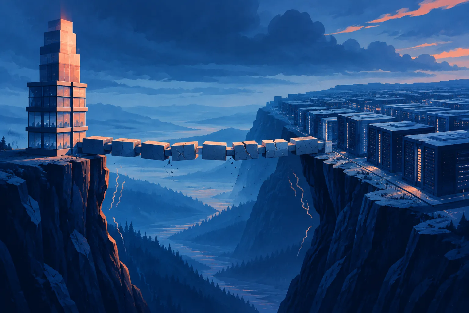 A valuation bridge connects a revenue tower to a vast AI infrastructure landscape.