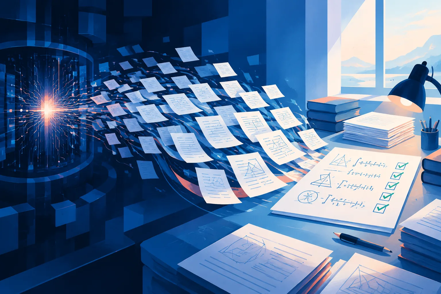 Hundreds of mathematical manuscripts flow from an AI core toward a review desk.